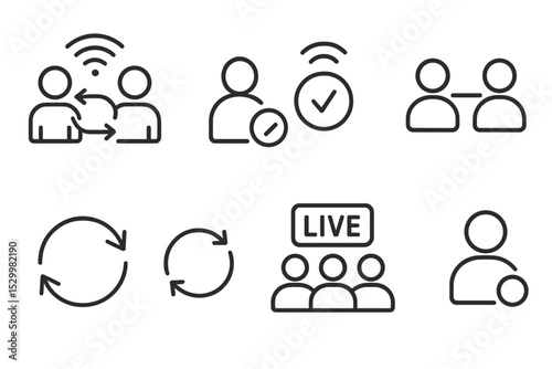 Collaboration Line Icons. Line style icons of collaboration: real-time sync, status update, live check, connection icon, syncing
