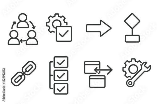 Collaboration Icons. Line style icons of collaboration: workflow automation, task trigger, flow arrow, logic step, chain process,