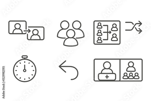 Video Conferencing Icons. Line style icons of video conferencing: breakout rooms, group icon, assign panel, shuffle option, room