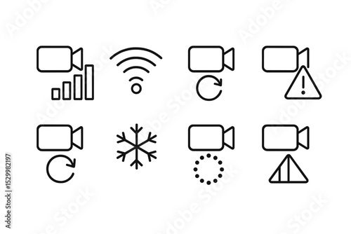 Video Conferencing Icons. Line style icons of video conferencing: connection strength, wifi bars, reconnect icon, low signal alert