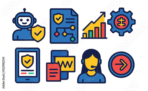 Flat vector icons of futuristic and AI-driven insurance: AI assistant with shield, smart policy algorithm, predictive analytics chart, automation gear icon, digital underwriting icon, virtual agent