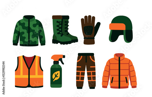 Flat vector icons of hunting clothing and equipment: camouflage jacket, hunter boots, gloves with grip, thermal hat, safety vest icon, scent blocker spray, padded pants, insulated jacket.