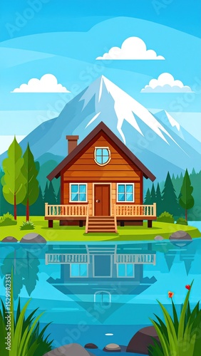 Wooden cabin on a lake, mirrored reflection, mountain backdrop
