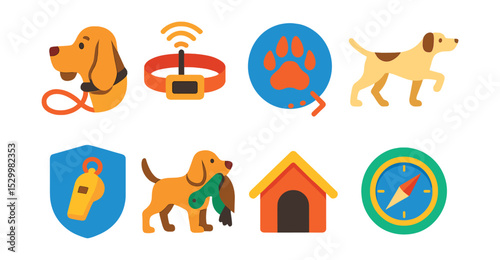 Flat vector icons of hunting dogs and tracking: bloodhound with leash, GPS dog collar, tracking paw print, pointing dog icon, dog whistle badge, game retrieval dog, dog kennel, field tracking compass