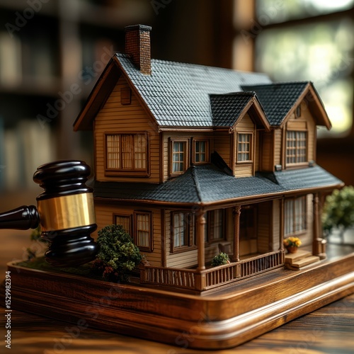 A gavel falls on a miniature model house, symbolizing a successful auction and real estate deal. Generative AI could analyze market trends, predict property values, and even generate legal documents, 