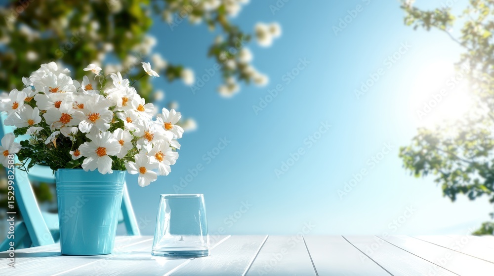 Fototapeta premium A beautiful arrangement of vibrant flowers in a blue pot, placed on a wooden table, basking in sunlight while surrounded by a lush, green outdoor setting, promoting positivity.