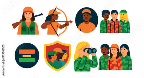 Flat vector icons of female hunters and inclusivity: woman with hunting gear, bow-hunting woman icon, female mentor badge, inclusive hunting group, outdoor equality symbol, hunting for all badge,