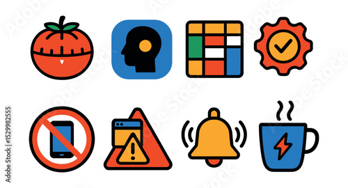 Flat vector icons of productivity habits: Pomodoro timer, focus mode icon, time blocking chart, efficient workflow badge, distraction-free symbol, multitasking alert, break reminder bell, energy