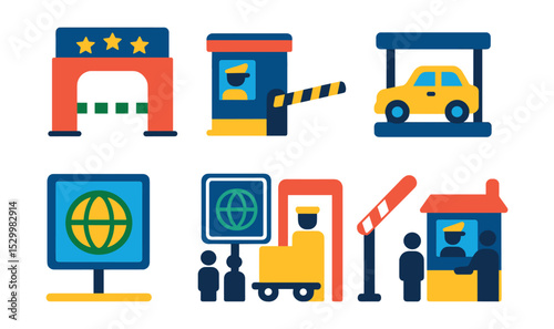 Flat vector icons of border and checkpoint infrastructure: border gate icon, customs booth, vehicle inspection lane, passport control cabin, international crossing sign, freight checkpoint scanner,