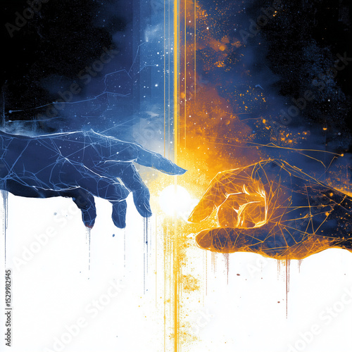 Hands reaching towards each other with cosmic energy in abstract art  