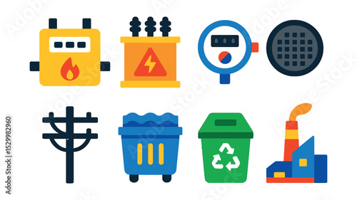 Flat vector icons of public utilities infrastructure: gas meter box, electric transformer unit, water meter icon, sewer manhole cover, utility pole with cables, storm drain system, recycling center