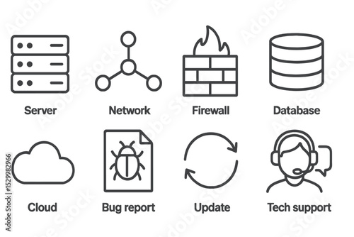IT Management Icons. Line style icons for IT management: server, network, firewall, database, cloud, bug report, update, tech