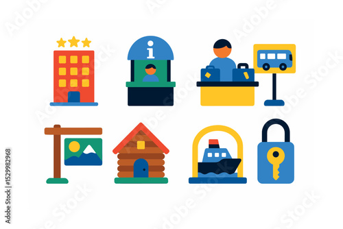 Flat vector icons of tourism and hospitality infrastructure: hotel building icon, tourism center booth, travel agency desk, city tour bus stop, scenic overlook sign, guest lodge icon, cruise terminal