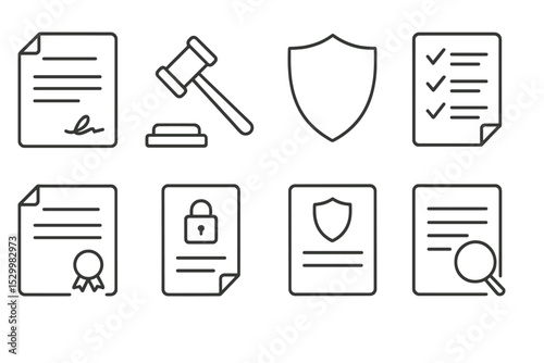 Legal Icon Set. Line style icons for legal and compliance: contract, gavel, shield, checklist, certificate, NDA, policy document,