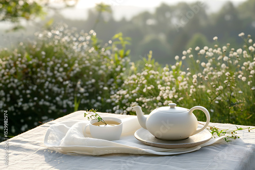 classic tea party, classic tea ceremony in a lush garden, dainty china, lace cloth, gentle sun