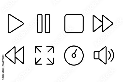 Video Playback Icons. Line style icons for video playback: play, pause, stop, fast forward, rewind, fullscreen, speed control,