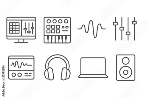 Music Software Icons. Line style icons for music software: DAW, MIDI controller, sound wave, mixer, plugin, headphones, laptop,