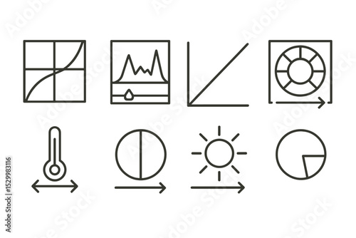 Adjustment Layer Icons. Line style icons for adjustment layers: curves, levels, exposure, hue/saturation, temperature, shadows,