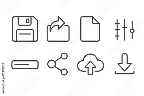Line Style Icons. Line style icons for export and save: save disk, export button, file type, quality slider, progress bar, share