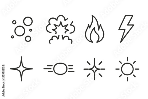 Special Effects Icons. Line style icons for special effects: particle system, explosion, smoke, fire, lightning, lens flare, blur,