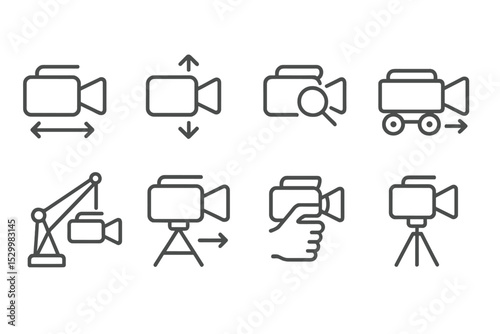Camera Movement Icons. Line style icons for camera movements: pan, tilt, zoom, dolly, crane, tracking, handheld, static. No text,