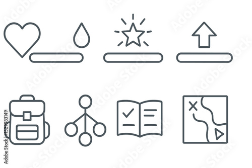 Game UI Line Icons. Line style icons for game interface: health bar, mana bar, experience points, level up, inventory, skill tree,