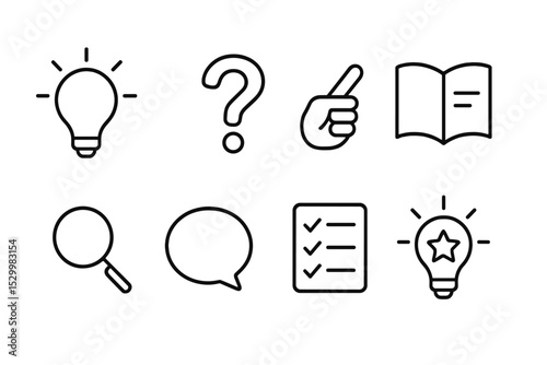Line Style Help Icons. Line style icons for hints and help: light bulb, question mark, hand pointing, guidebook, magnifying glass,