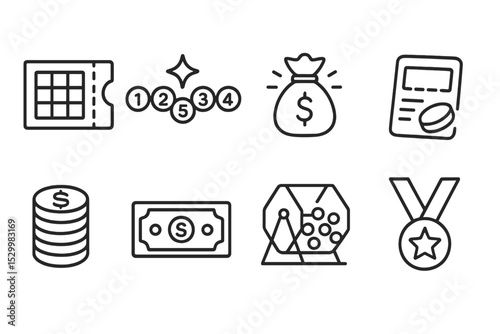 Lottery Icons Collection. Line style icons for lottery: lottery ticket, winning numbers, jackpot, scratch card, coin stack, cash