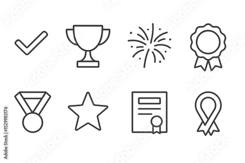 Level Completion Icons. Line style icons for level completion: checkmark, trophy, fireworks, badge, medal, star, certificate,
