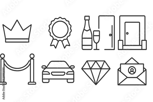 Casino VIP Symbols. Line style icons for casino VIP: crown, velvet rope, exclusive badge, champagne, luxury car, private room,