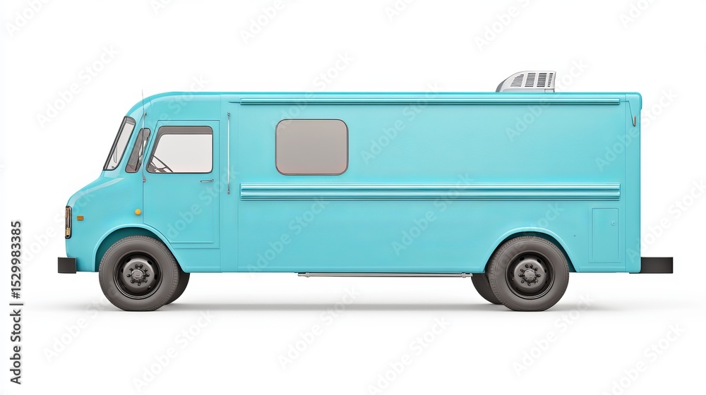 A side view of a light blue food truck with black tires and a white air conditioner on a white background A side view of a light blue food truck with black tires and a white air conditioner on a white background