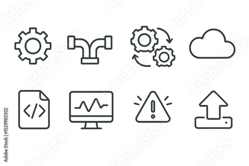 DevOps Tool Icons. Line style icons for DevOps tools: gear, pipeline, automation, cloud, script, monitor, alert, deployment. No