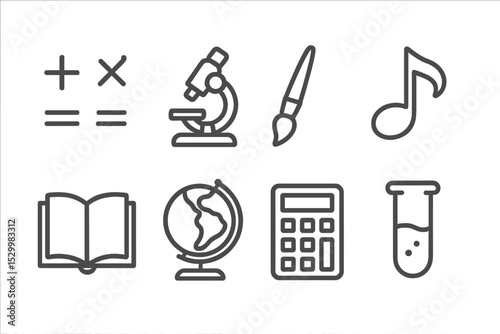 School Subject Icons. Line style icons for school subjects: math symbols, microscope, paintbrush, music note, book, globe,