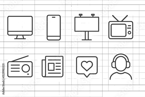Advertising Platforms Icons. Line style icons for advertising platforms: computer, smartphone, billboard, TV, radio, newspaper,