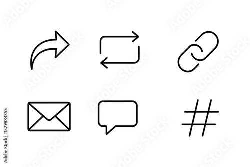 Social Sharing Icons. Line style icons for social sharing: share arrow, repost, copy link, embed, email, message, social networks,