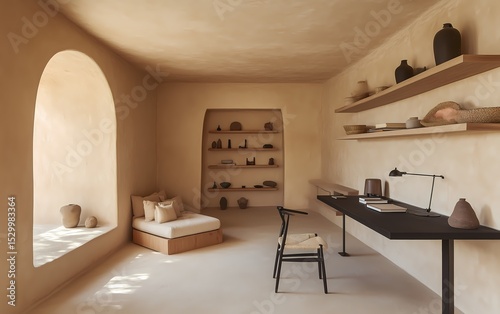 Clean minimalist home office with Scandinavian style, neutral beige walls, black desk, wooden shelves, and a cozy seating area for work or relaxation