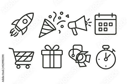 Product Launch Icons. Line style icons for product launch: rocket, confetti, megaphone, calendar, shopping cart, gift box,