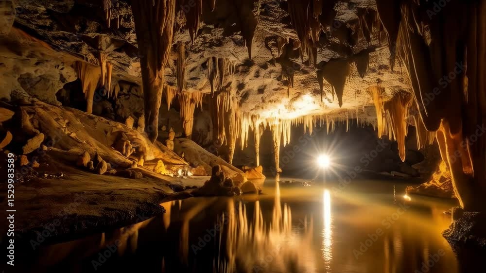 Stunning view of a subterranean cave with stalactites, water reflections, and a central light source illuminating the cavern, speleothem formations.