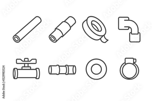 Plumbing Material Icons. Line style icons of plumbing materials: copper pipe, PVC pipe, Teflon tape, pipe fittings, valves,
