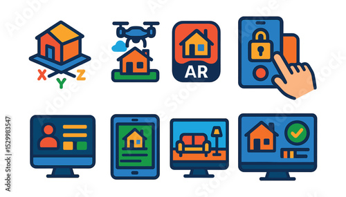 Flat vector icons of real estate technology tools: 3D home model icon, property drone photo, AR home view badge, smart lock access app, CRM for agents icon, listing management software, virtual