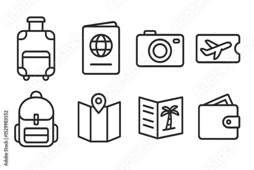 Travel Icons Collection. Line style icons of travel and packing: suitcase, passport, camera, plane ticket, backpack, map, travel