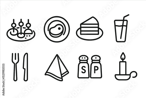 Dining Icons Collection. Line style icons of dining experience: appetizer, main course, dessert, beverage, cutlery, napkin, salt
