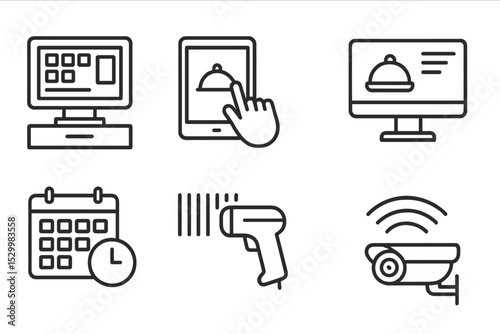 Restaurant Tech Icons. Line style icons of restaurant technology: POS system, tablet ordering, kitchen display, mobile app,