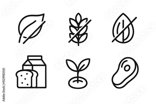 Dietary Icons in Line Style. Line style icons of dietary preferences: vegan, gluten-free, nut-free, dairy-free, organic, low-carb,
