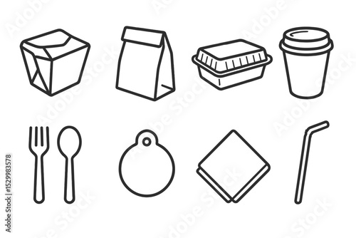 Food Packaging Icons. Line style icons of food packaging: takeout box, paper bag, plastic container, cup with lid, utensils, label