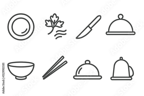 Line Style Food Icons. Line style icons of food presentation: plate, garnish, sauce drizzle, carving knife, serving tray, bowl,