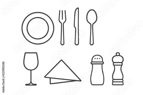 Dining Table Icons. Line style icons of dining table settings: plate, fork, knife, spoon, glass, napkin, salt shaker, pepper mill.