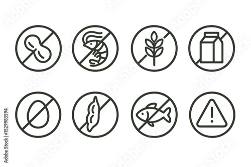 Food Allergen Icons. Line style icons of food allergens and warnings: peanut, shellfish, gluten, dairy, egg, soy, fish, warning