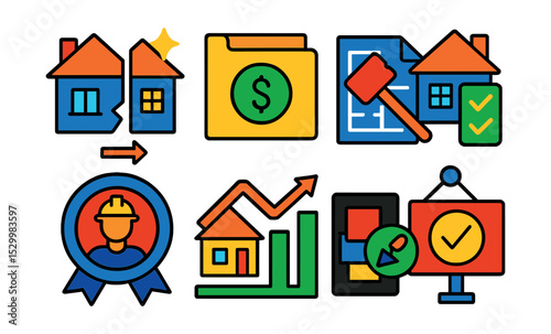 Flat vector icons of real estate renovation and flipping: before and after house icon, renovation budget folder, demolition plan file, home upgrade checklist, contractor agreement badge, flipped