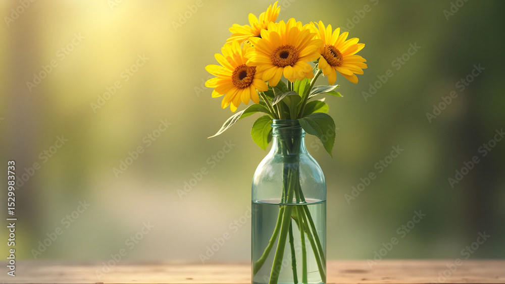 Fototapeta premium a bottle with yellow flowers sitting on a wooden table